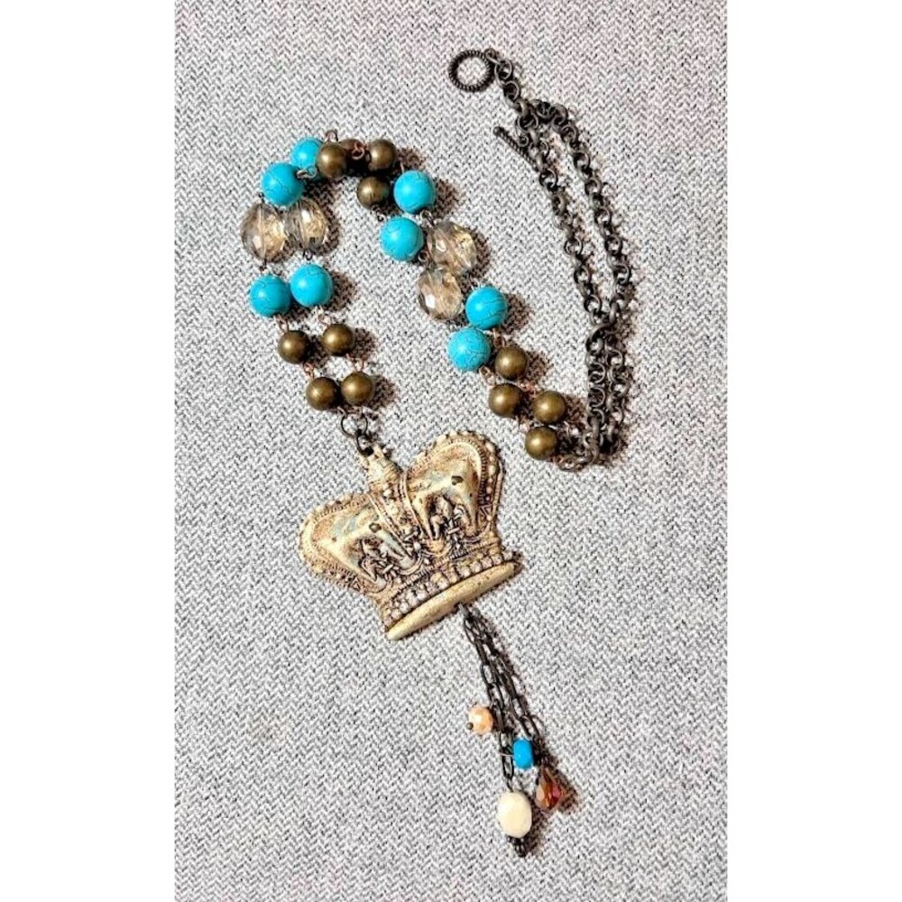 Vintage Bronze Crown Pendant Necklace Faux Turquoise Dangle Whimsigoth Royalcore